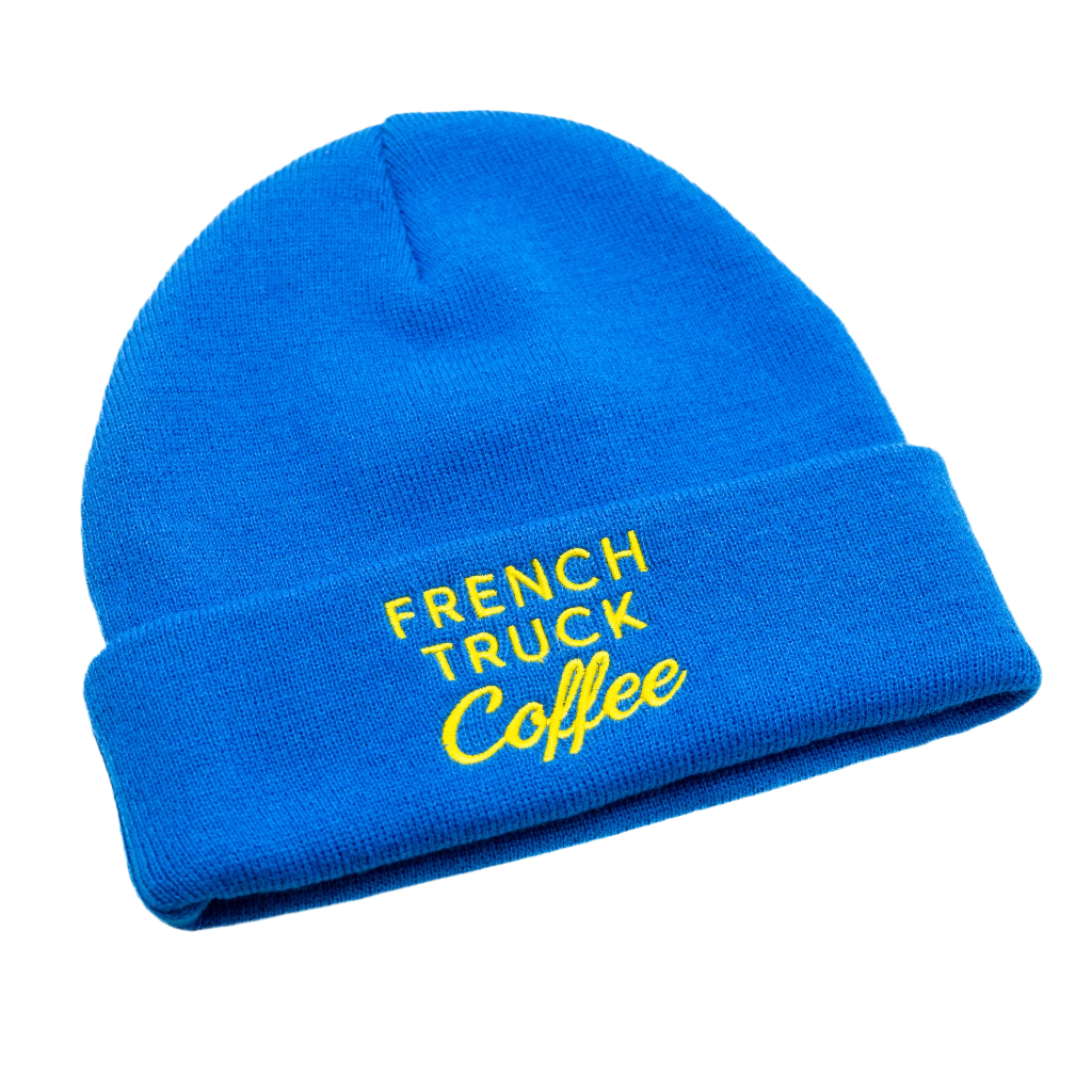 Blue knit beanie with white French Truck Coffee logo, ideal for cold days