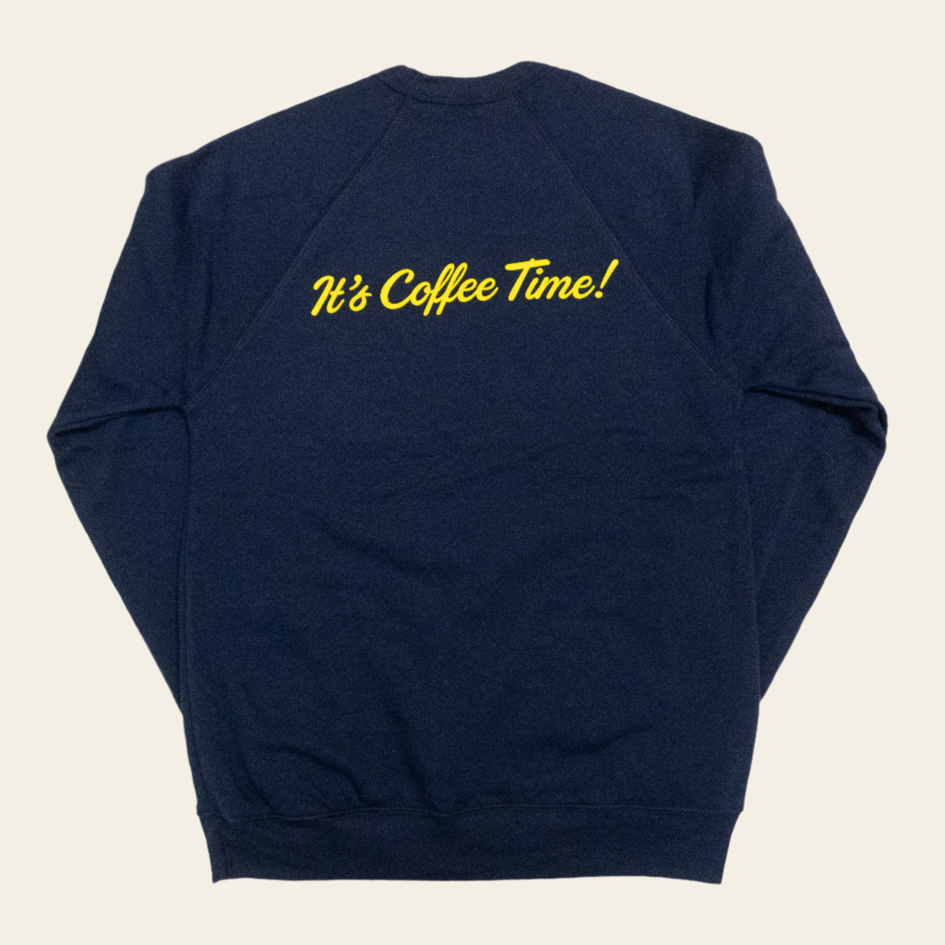 French Truck Coffee navy blue crewneck sweatshirt featuring a yellow illustration of the iconic Citroën truck and the text 'It's Coffee Time' on the back.