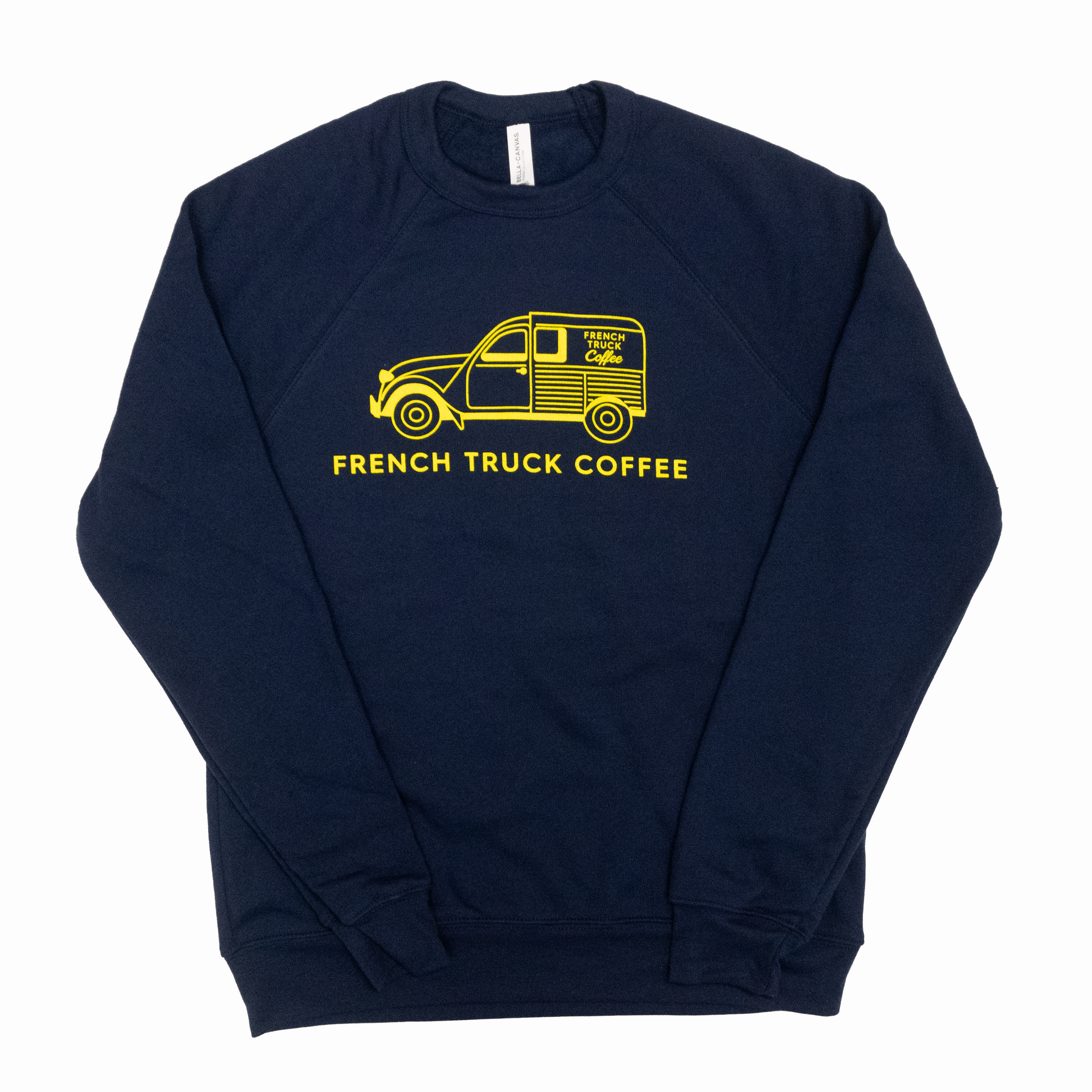 French Truck Coffee navy blue crewneck sweatshirt featuring a yellow illustration of the iconic Citroën truck and the text 'French Truck Coffee' on the front.